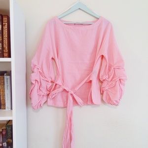 Max Jeans Pink Wrap Puffy Ruffle Sleeves Blouse